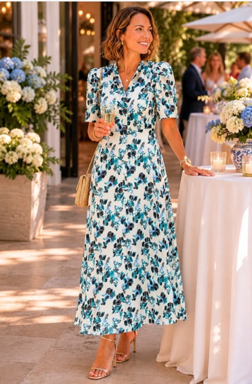 Tuckernuck Blue Blooms Linen Midi Dress Size M, A-Line Floral NWT Wedding Guest